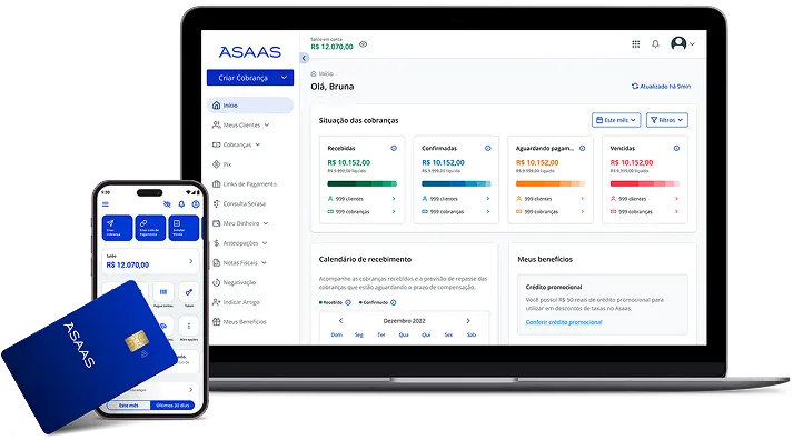 Celular e computador mostram a tela inicial do Asaas, composta por um painel de indicadores. À esquerda, próximo ao celular, está o Cartão Asaas, na cor azul escuro.